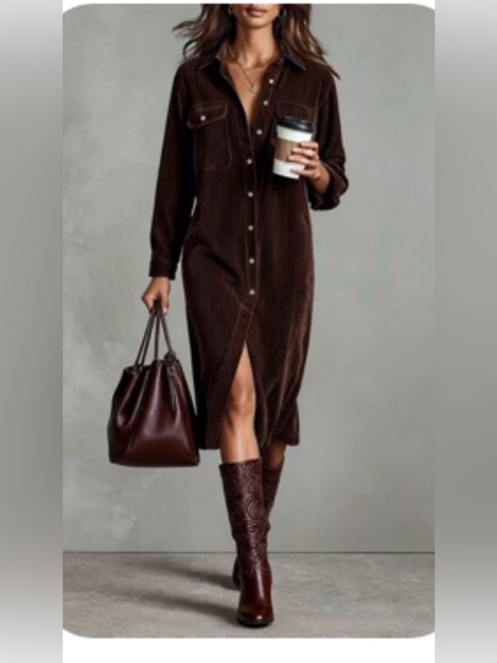 Source Unknown Brown Long Sleeve Shirt Dress